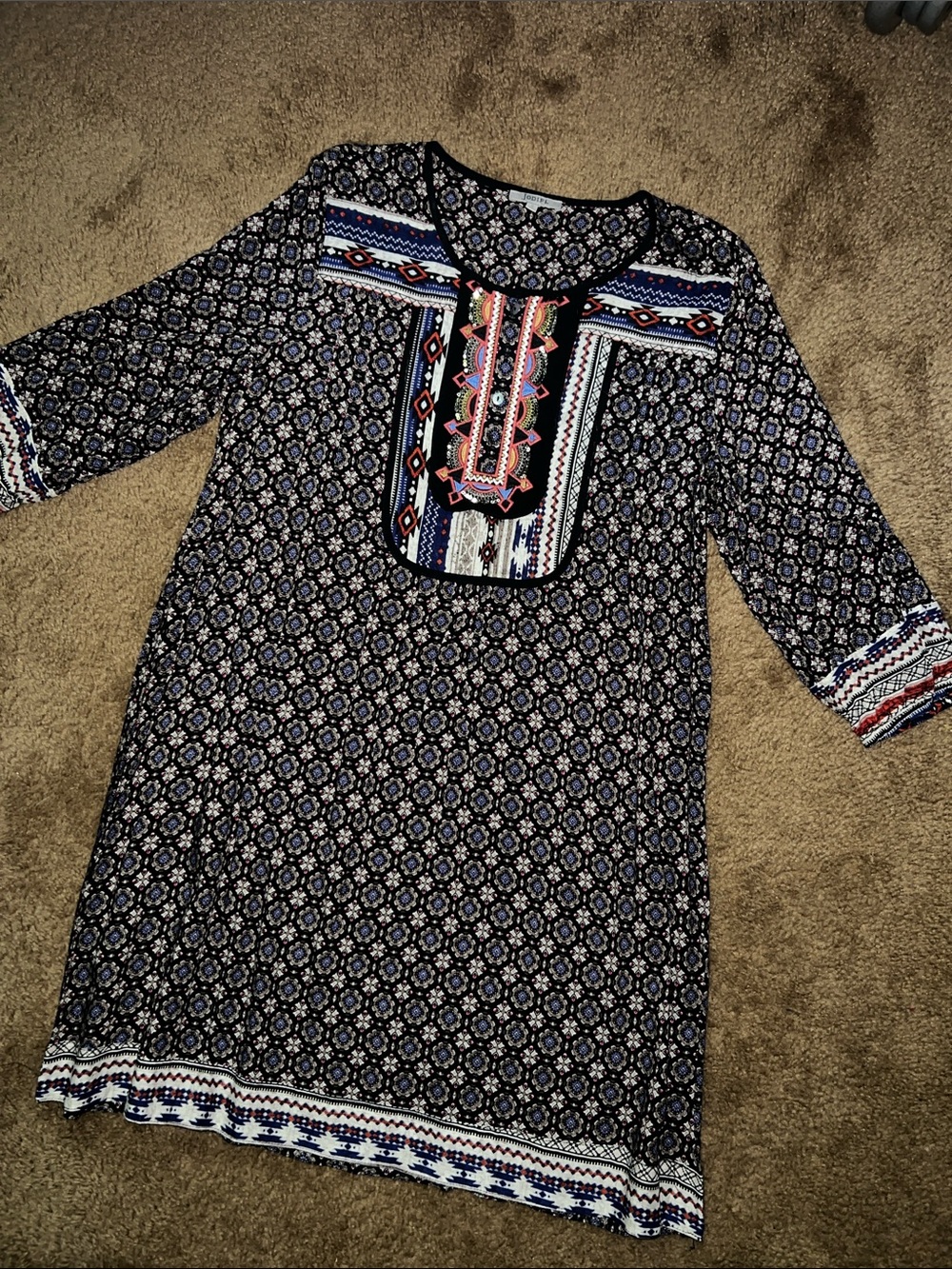 Navy Patterned Boho Tunic Dress with Embroidered Yoke